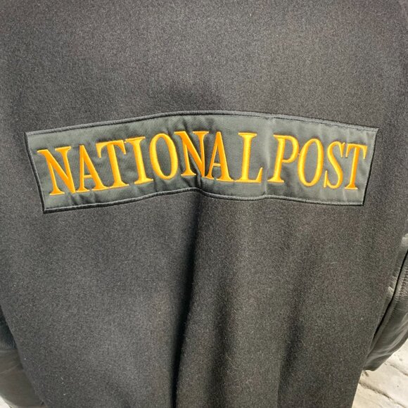 Vintage Varsity Bomber Jacket Mens L Black Wool Leather Letterman National Post - Picture 5 of 15